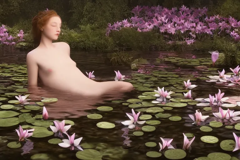 Image similar to hyperrealistic cinematic 3 d scene of a woman's porcelain face floating in a pond, surrounded by a forrest of lillies, deep focus, intricate, elegant, highly detailed, matte, sharp focus, by bill henson and gregory crewdson and james jean and daniel arsham