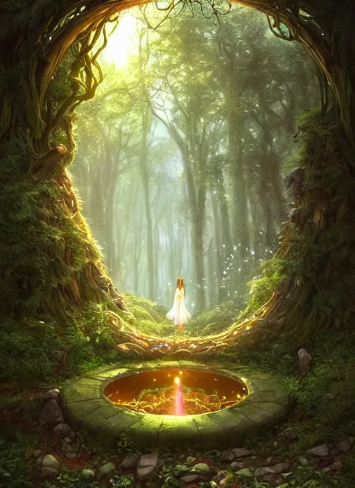 Prompt: Fantasy Magical fairy-tale portal in the forest. Round stone portal teleport in trees to other worlds. Fantastic landscape. Magic Altar in the fores, highly detailed, digital painting, artstation, concept art, smooth, sharp focus, illustration, art by artgerm and greg rutkowski and alphonse mucha