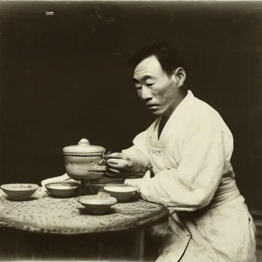 Prompt: Portrait of a 19th century Chinese man preparing a ginseng tea in an old traditional Chinese medicine store, 1900s photography