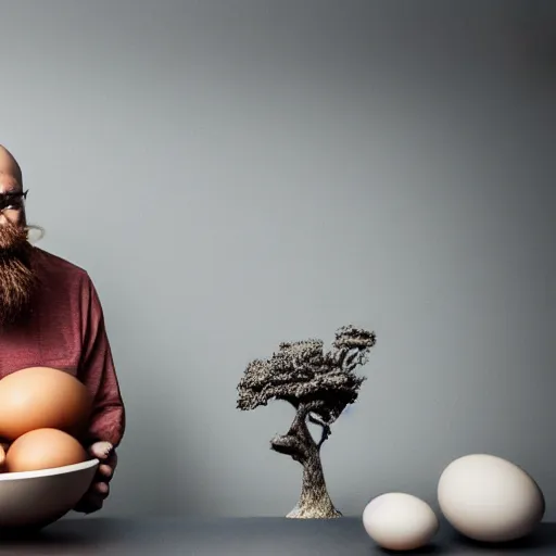 Image similar to a humanlike bearded god in a kitchen, cracking an egg shaped like the planet earth into a bowl