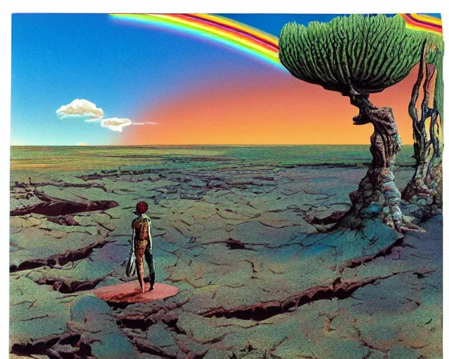 Image similar to roger dean 1 9 8 0 s art of a lone wanderer walking in the dry desert of a strange bizarre alien planet surface lakes reflective clear blue water, rainbow in sky, imagery, illustration art, album art