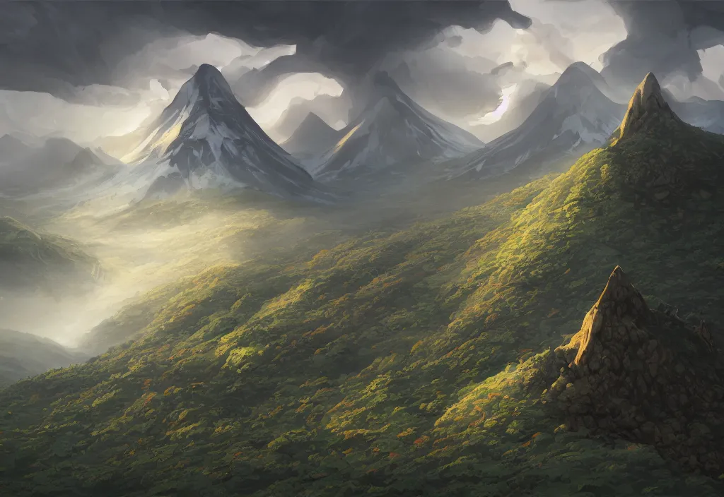 Prompt: vulcano without people, high trees, top of the hill, above low layered clouds, deep focus, fantasy, intricate, elegant, highly detailed, digital painting, artstation, concept art, matte, sharp focus, illustration, hearthstone, art by rhads and artgerm and greg rutkowski and alphonse mucha. gediminas pranckevicius