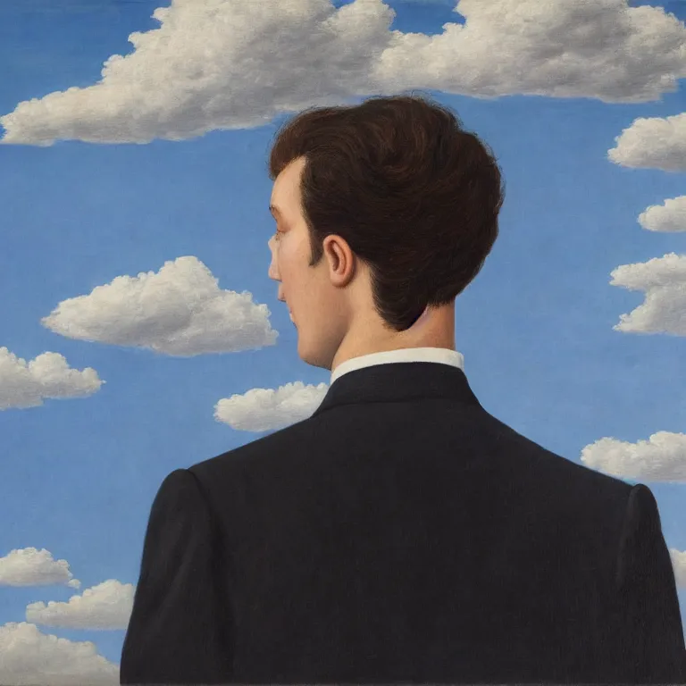 Image similar to portrait of a faceless shadow - head man with messy hair in a suit, clouds in the background, by rene magritte, detailed painting, distance, middle centered, hd, hq, high resolution, high detail, 4 k, 8 k