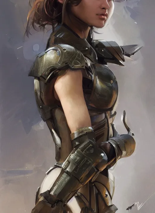 Image similar to a professional painting of a beautiful young female, clothed in military armor, olive skin, long dark hair, beautiful bone structure, symmetrical facial features, intricate, elegant, digital painting, concept art, smooth, sharp focus, illustration, from Metal Gear, by Ruan Jia and Mandy Jurgens and Artgerm and William-Adolphe Bouguerea