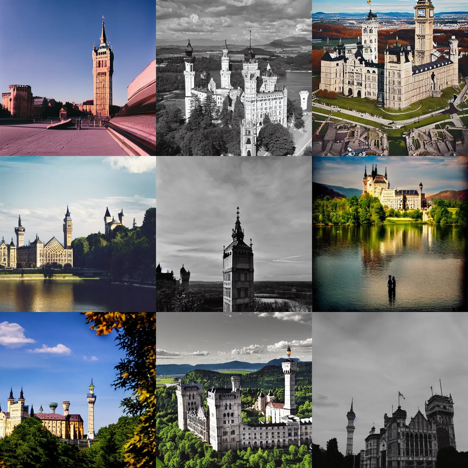 Prompt: the collosseum!!!!! and big ben and the eiffel!!!!! tower!!!!! and neuschwanstein!!!!! in a beautiful landscape, nature photography, 3 5 mm, professional photography