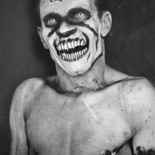 Prompt: uncanny disturbing black and white photo of patrick batemen with sharp teeth and half of his face missing revealing a bloody skull, missing poster, gory, bloody, scary, realistic