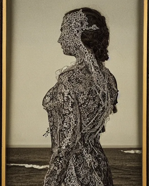 Image similar to a woman standing by the sea, made of intricate decorative lace leaf skeleton, in the style of the dutch masters and gregory crewdson, dark and moody