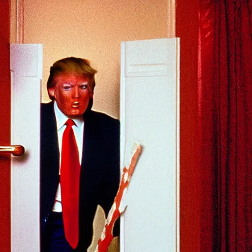 Prompt: Donald Trump wielding an axe breaking through the door in that scene in The Shining