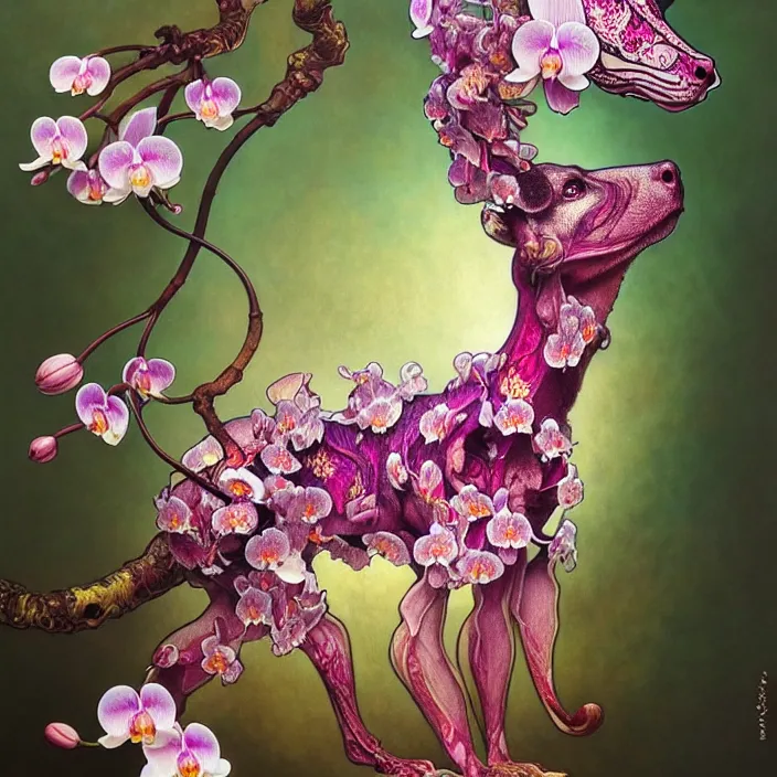 Prompt: psychedelic animal made of orchid and cherry blossom tree, diffuse lighting, fantasy, intricate, elegant, highly detailed, lifelike, photorealistic, digital painting, artstation, illustration, concept art, smooth, sharp focus, art by John Collier and Albert Aublet and Krenz Cushart and Artem Demura and Alphonse Mucha and Giuseppe Arcimboldo