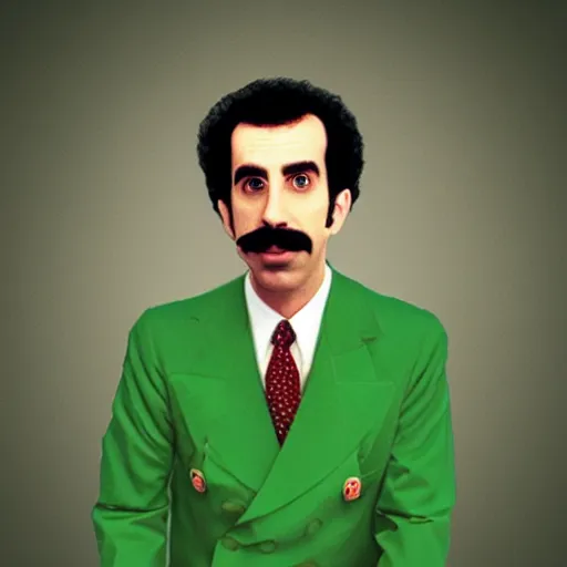 Prompt: photo of borat as the green m & m