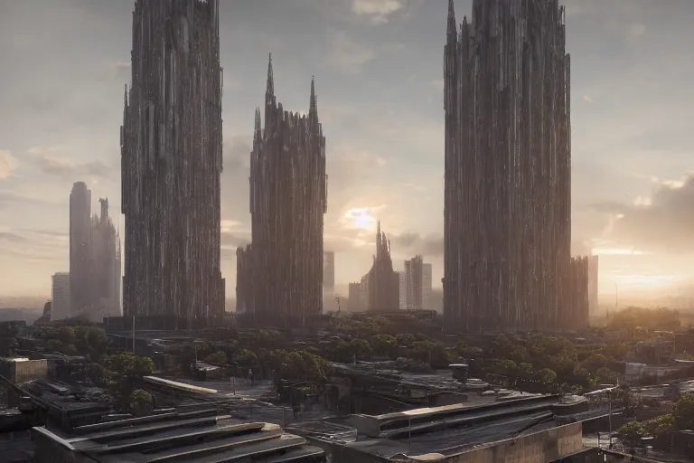 Image similar to streetscape, a towering cathedral of brutalist architecture, buildings covered with greebles, stunning volumetric light, sunset, metal, concrete and translucent material, stunning skies, majestic landscape, trending on Artstation, 8k, photorealistic, hyper detailed, unreal engine 5, IMAX quality, cinematic, epic lighting, in the style of Greg Rutkowski