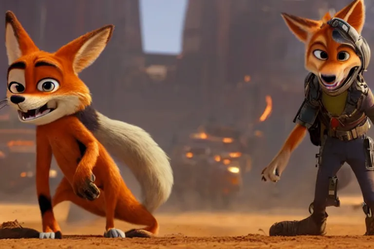 Image similar to nick wilde ( from zootopia ), heavily armed and armored facing down armageddon in a dark and gritty reboot from the makers of mad max : fury road