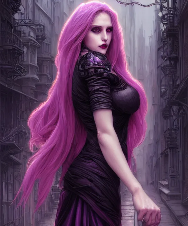 Image similar to Beautiful female vampire mother and daughter, eastern european origin, sci-fi, pink eyes, face, black and purple hair, fantasy, intricate, elegant, new york alleyway, moonlit, highly detailed, digital painting, artstation, concept art, smooth, sharp focus, illustration, art by artgerm and greg rutkowski and alphonse mucha