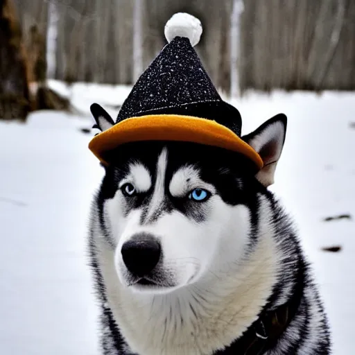 Image similar to A photo of a Husky dog wearing a hat