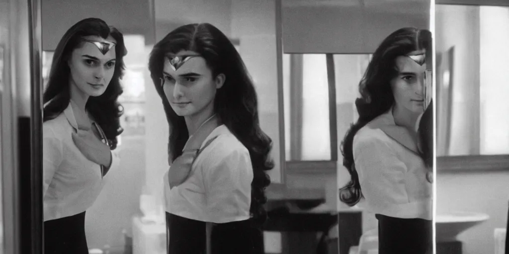 Image similar to ultra wide angle photo of young caitlin jenner, born female, dressed in a white blouse and black dress pants as diana prince looking at herself in a bathroom mirror and seeing her reflection as wonder woman