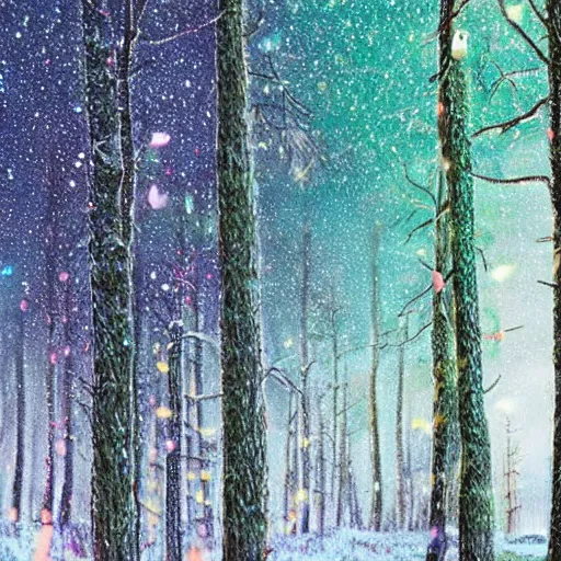 Image similar to bright nordic forest, sparkling spirits, detailed wide shot, crayon, ground detailed, wet eyes reflecting into eyes reflecting into infinity, beautiful lighting