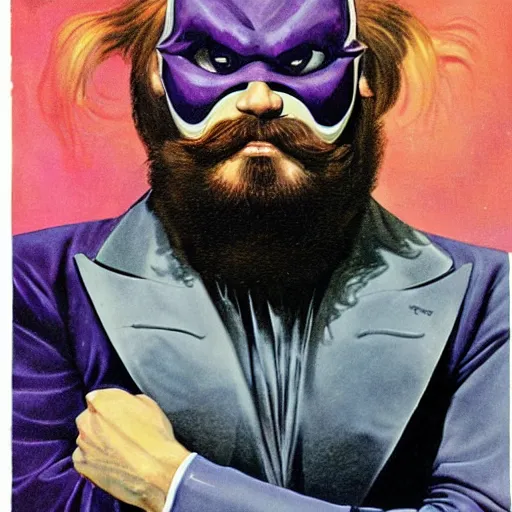 Prompt: a red bearded man wearing a purple luchadore mask and tuxedo, highly detailed, masterpiece, fantasy, pulp, illustrated, art by boris vallejo