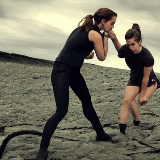 Prompt: emma watson grappling with a giant spider