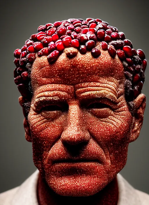 Prompt: portrait of bryan cranston's face made of cranberries, cranberry statue, natural light, smooth, detailed face, magazine, press, photo, steve mccurry, david lazar, canon, nikon, focus