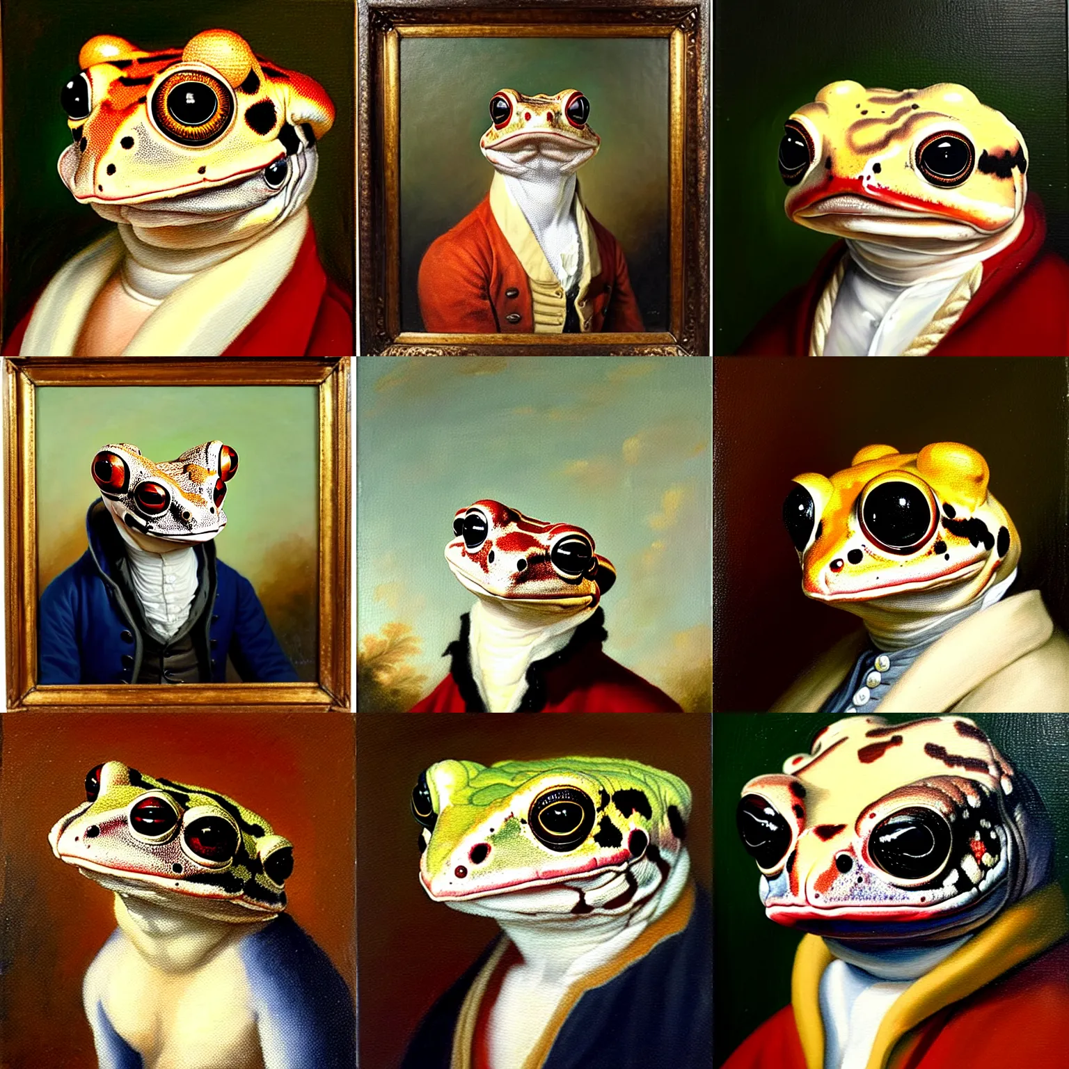 Prompt: a head and shoulders portrait painting of an anthropomorphic!!!!!!!!!! amazon milk frog!!!!!!!!!! wearing a colonial outfit without a hat looking off camera, a character portrait, romanticism, oil on canvas, visible brushstrokes, intense color