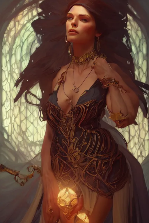 Image similar to beautiful sorceress, accurate anatomy, only two hands, highly detailed, digital painting, artstation, concept art, smooth, sharp focus, illustration, Unreal Engine 5, 8K, art by sakimichan and greg rutkowski and alphonse Mucha