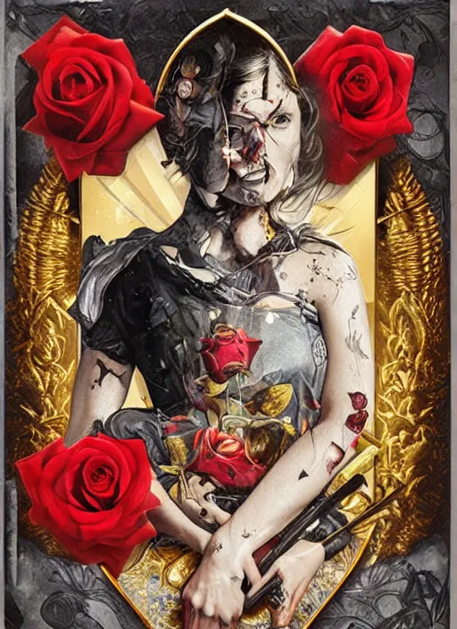 Image similar to tarot card :: horror :: hearts and roses :: gold and silver :: guns and swords :: by Sandra Chevrier and bastien lecouffe deharme