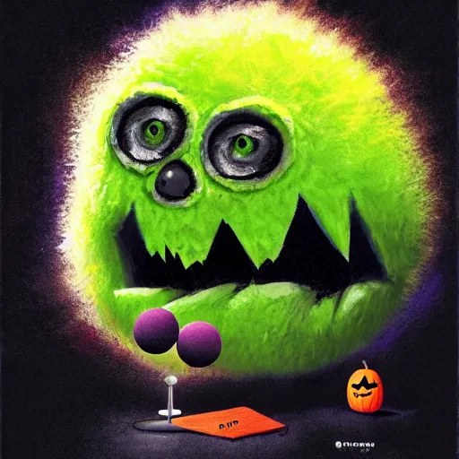 Prompt: a tennis ball monster, tennis ball, dark, chalky, Halloween, digital art, fantasy, magic, trending on artstation, ultra detailed, professional illustration by Basil Gogos