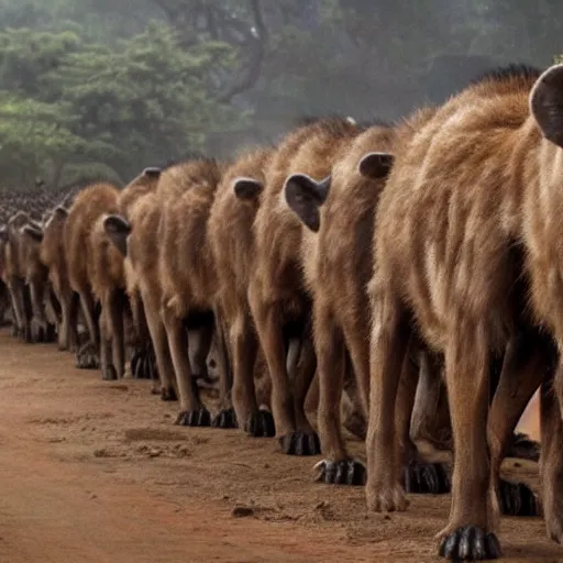 Image similar to cinematic film still of rows of pairs of various african mammals lined up to enter Noah's ark, directed by Steven Spielberg,