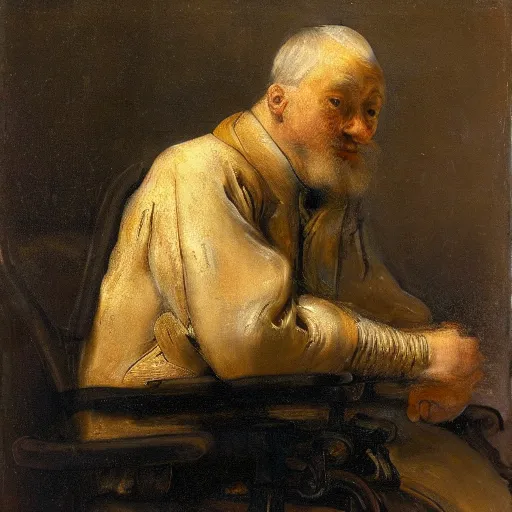 Prompt: a blonde man sitting in a wheelchair pondering about life, portrait of til seitz in the style of rembrandt, rembrandt exhibition, 4 k high definition, masterpiece