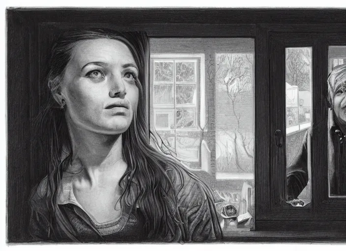 Image similar to a portrait of a woman standing infront of a window, a man is standing behind her with a look of suprise in his face, 8 k, lowbrow, in the style of greg simkins,