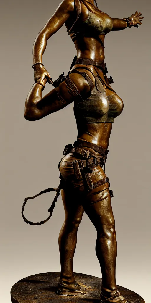 Prompt: detailed studio photo of old bronze patina statue lara croft, full body portrait, various bending poses, photorealism, intricate detail, museum diffuse lighting