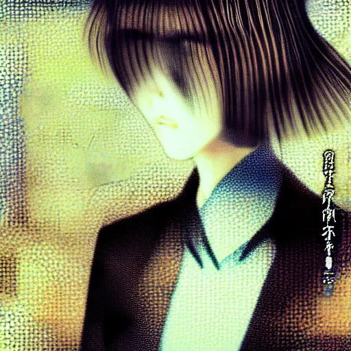 Image similar to yoshitaka amano blurred and dreamy realistic three quarter angle portrait of a young woman with short hair and black eyes wearing office suit with tie, junji ito abstract patterns in the background, satoshi kon anime, noisy film grain effect, highly detailed, renaissance oil painting, weird portrait angle, blurred lost edges