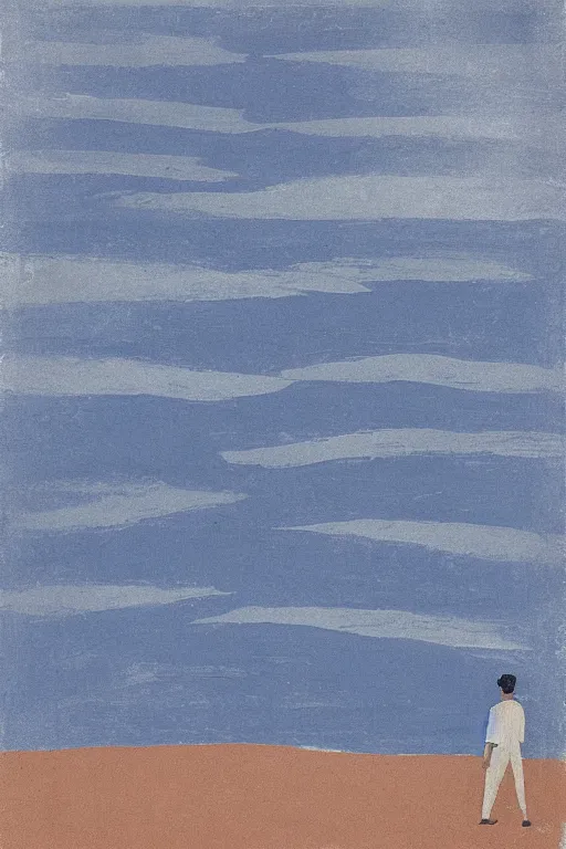 Image similar to man standing by a river, 1960’s minimalist advertising illustration, painterly, expressive brush strokes