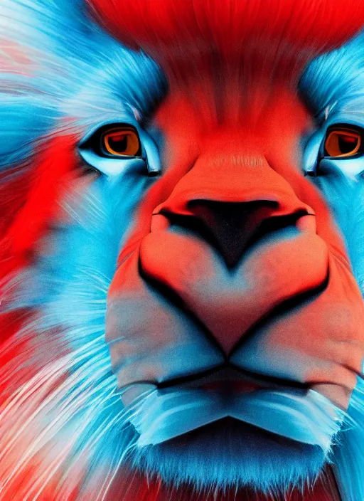 Prompt: a close up of a red lion's face with blue eyes, an album cover by jacob toorenvliet, featured on behance, cubo - futurism, rendered in cinema 4 d, sketchfab, rendered in maya, red shift, synthwave, by enguerrand quarton, by alesso baldovinetti, 3 d render, holography,