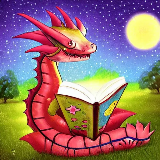 Image similar to cute dragon reading book under the stars, digital art