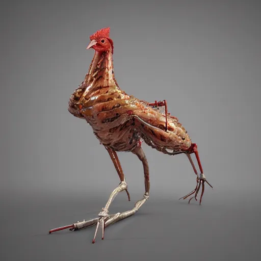 Prompt: caught with a 6 legged steel chicken, hyper detailed, photorealistic, octane render, trending at cgstation, rule of thirds, 8 k.