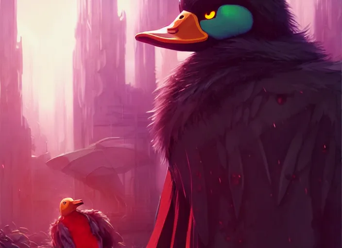 Image similar to cute fluffy mallard duck with vampire fangs wearing red cultist robe, details, cyberpunk, epic, sacrificial altar, landscape illustration concept art anime key visual trending pixiv fanbox by wlop and greg rutkowski and makoto shinkai and studio ghibli and kyoto animation symmetrical facial features