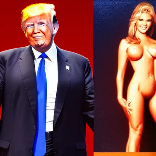 Prompt: hyper realistic photo of donald trump as a playboy model, proportional body