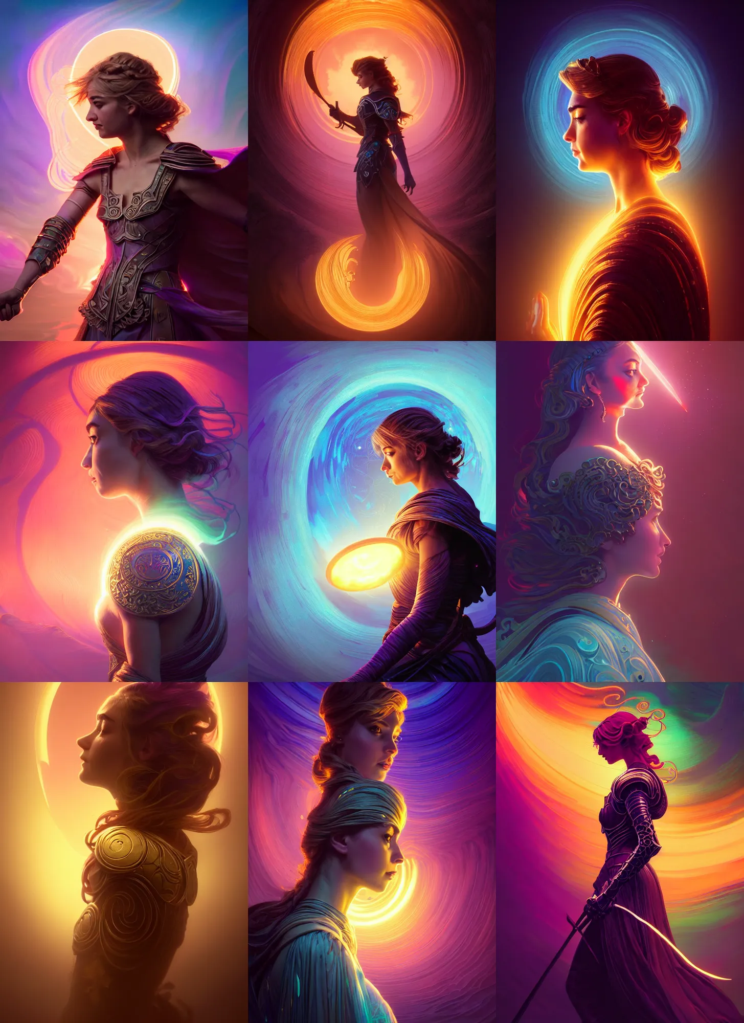 Prompt: side portrait, imogen poots paladin, gloomhaven, soft, smooth, luminescent, art nouveau tarot, backlit glow, colorful swirly ripples, gaudy colors, aesthetic octane render, unreal engine, 8 k, by greg rutkowski, jesper ejsing, rhads, lois van baarle, ilya kuvshinov