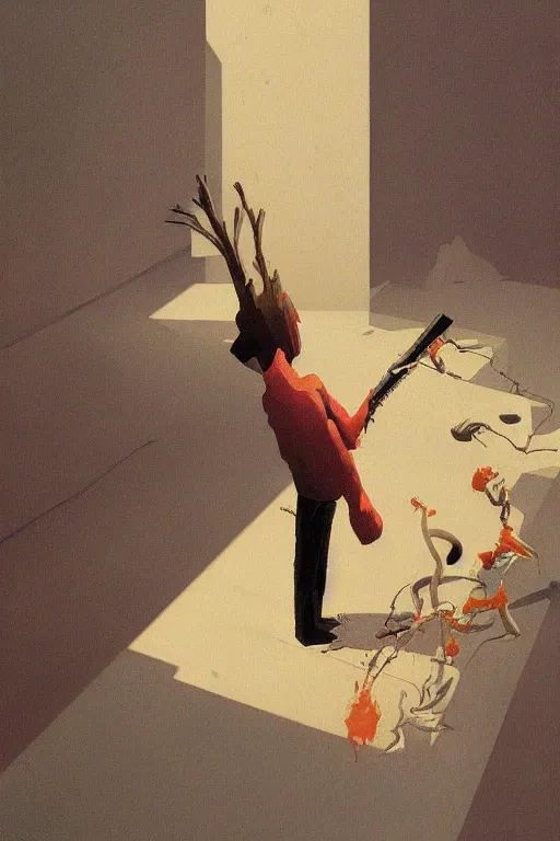 Image similar to chainsaw man and pinaple over his head Edward Hopper and James Gilleard, Zdzislaw Beksisnski, higly detailed
