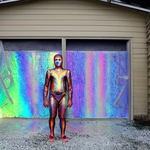 Image similar to a human standing in his garage, he is covered with iridescent bodypaint, shells and barnacles