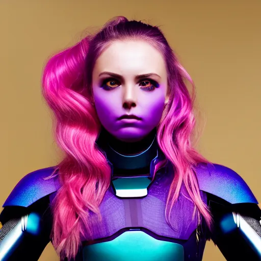 Image similar to a stunning high shutter speed action upper body portrait of a beautiful woman with a ombre purple pink hairstyle with head in motion and hair flying while wearing futuristic navy blue and teal battle bodyarmor and pauldrons by marvel comics, outrun, vaporware, action photography, highly detailed, fine detail, intricate, digital art, trending on artstation