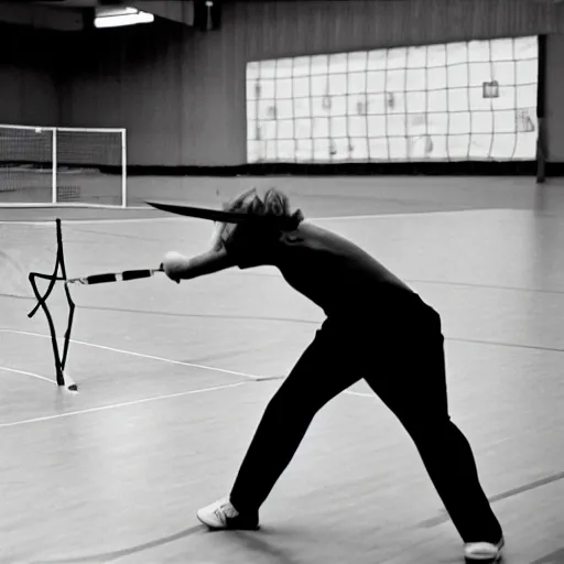 Prompt: rhino playing badminton on a badminton court in a sports hall, professional photo, 3 5 mm,