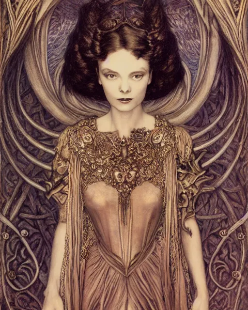 Image similar to matte portrait beautiful vivien leigh, steampunk gown, detailed and intricate by jean delville, gustave dore and marco mazzoni, colorful art nouveau, symbolist, visionary, gothic, pre - raphaelite