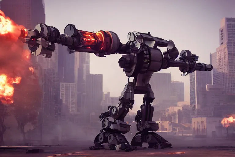 Image similar to six meter tall mech firing a minigun in a city, action scene, battlesuits fight, unreal engine screenshot, action game, octane render, trending on artstation