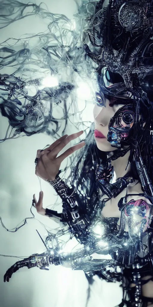 Image similar to hyperrealistic futuristic high fashion photography, girl in studio, full body, cybernetic parts by luis royo, asian, vogue magazine, nomad masterpiece, nano parts, neon lights, smoke, eerie music, beautiful intricate face and flawless skin, tribal jewelry, tattoos, perfect hands, head piece, by Edgar Maxence and Ross Tran and Michael Whelan, 8k, octane render