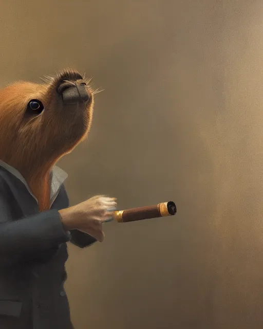 Image similar to oil painting of anthropomorphized capybara holding a smoking pipe, detective clothes, close shot, full body, dark london alley background, sharp focus, fantasy style, octane render, volumetric lighting, 8k high definition, by greg rutkowski, highly detailed, trending on art Station, dungeons and dragons artwork, centered