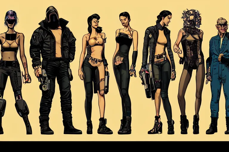 Image similar to cyberpunk heist crew entering club. portrait by stonehouse and mœbius and will eisner and gil elvgren and pixar. character design. realistic proportions. dystopian. cyberpunk 2 0 7 7 character art, blade runner 2 0 4 9 concept art. cel shading. attractive face. thick lines. the team. diverse characters.