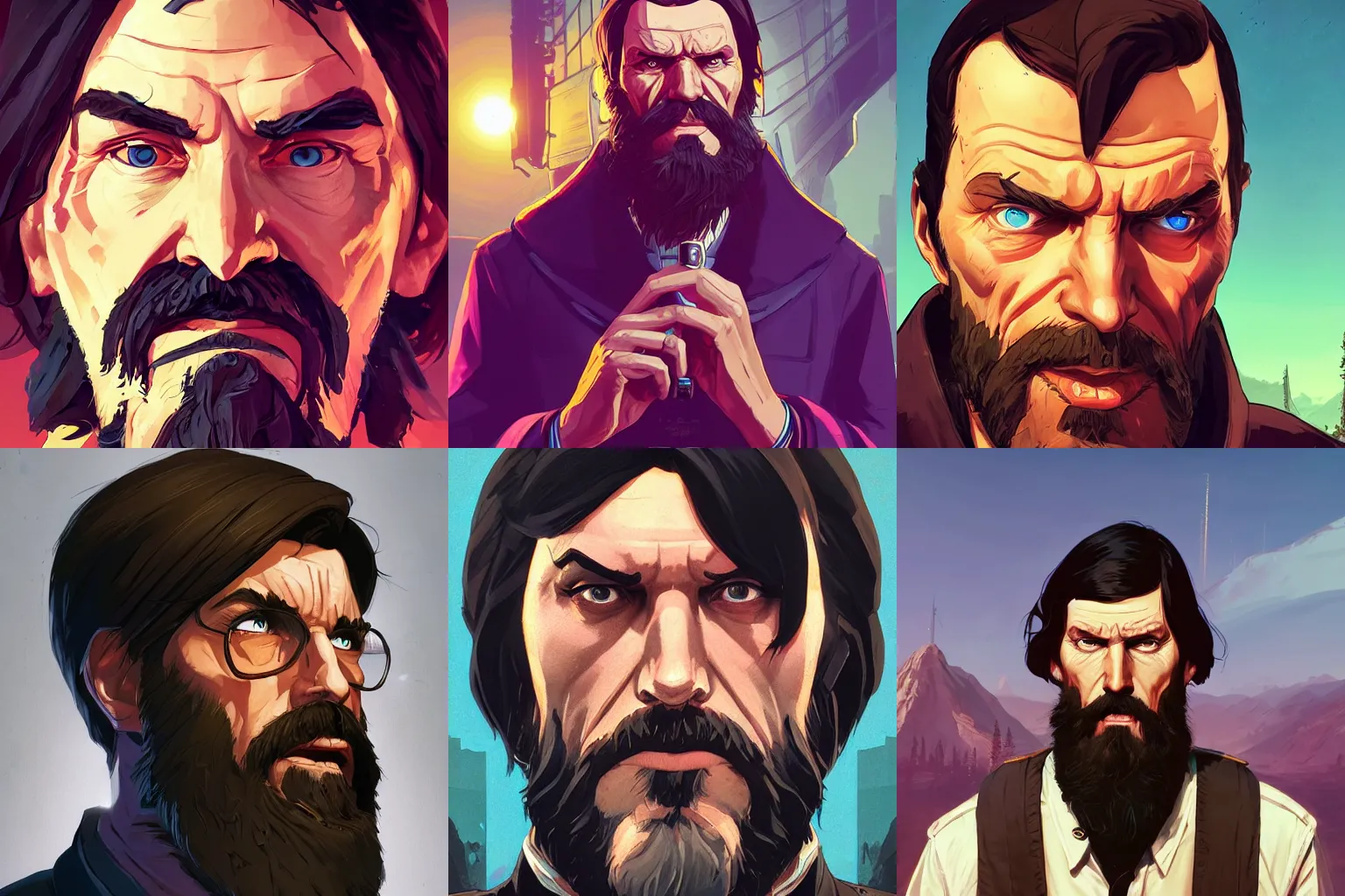 Prompt: rasputin close - up, gta 5 cover art, borderlands style, celshading, trending on artstation, by rhads, andreas rocha, rossdraws, makoto shinkai, laurie greasley, lois van baarle, ilya kuvshinov and greg rutkowski