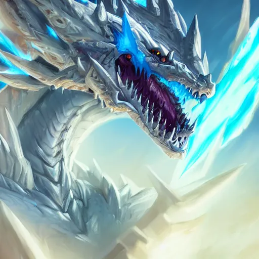 Image similar to a blue eye white dragon, battlefield background, bright art masterpiece artstation. 8 k, sharp high quality artwork in style of jose daniel cabrera pena and greg rutkowski, concept art by tooth wu, blizzard warcraft artwork, hearthstone card game artwork, yugioh artwork